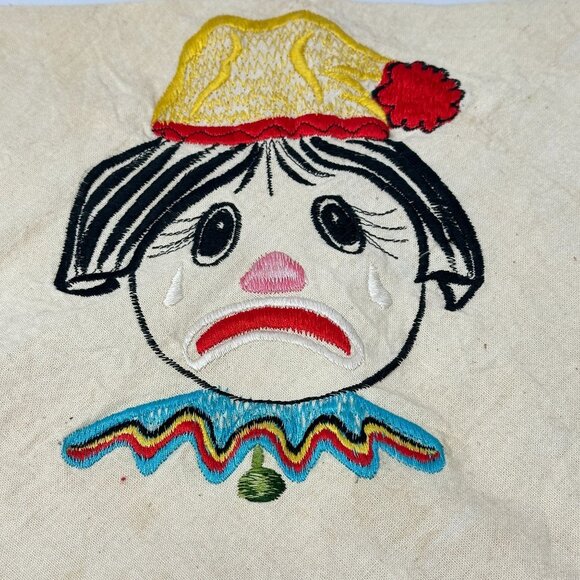 Vintage Embroidered Sad Clown Tea Towel Orange Yellow Trim Miercoles MX 16x18 - Picture 2 of 15